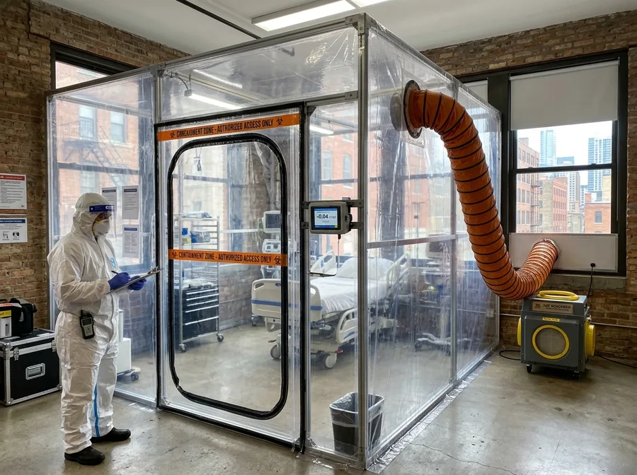 Airtight zipper door negative-pressure biohazard containment enclosure established inside a Chicago property