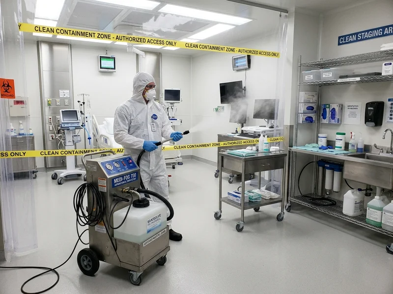 Hospital-grade antimicrobial disinfection misting equipment used during Chicago biohazard decontamination
