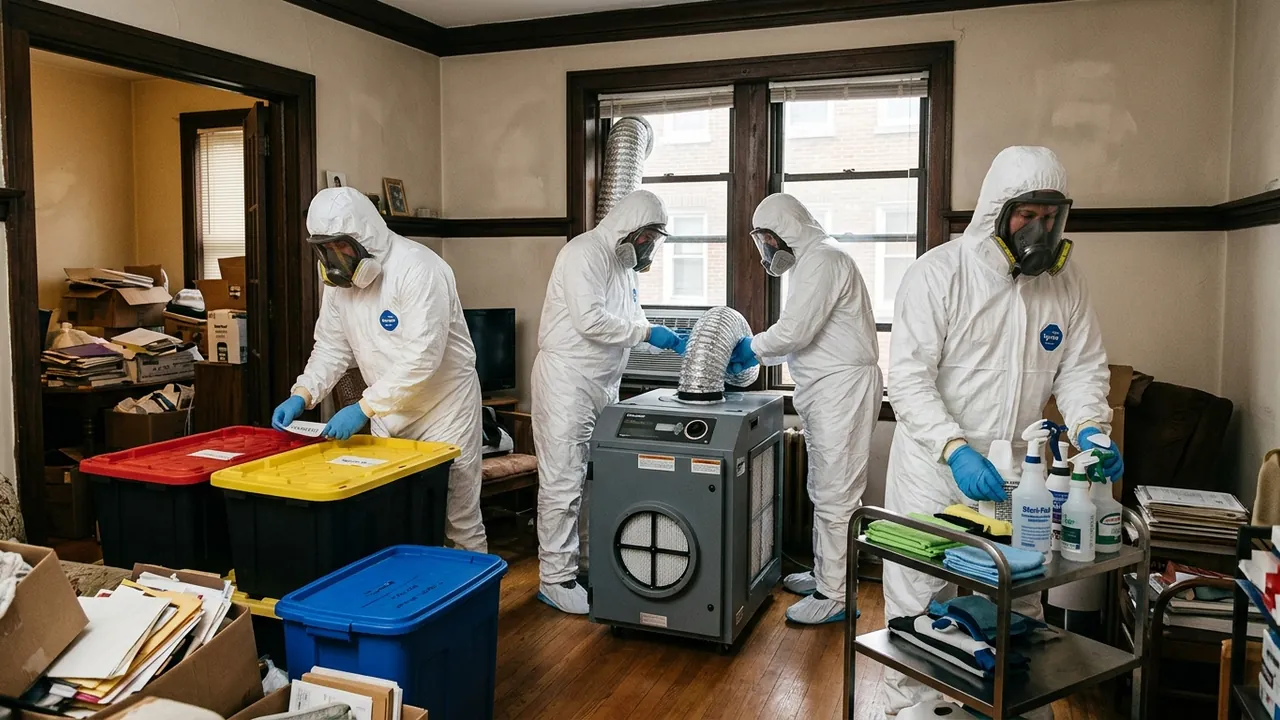 Technicians conducting compassionate hoarding remediation and biohazard sorting in a Chicago residence