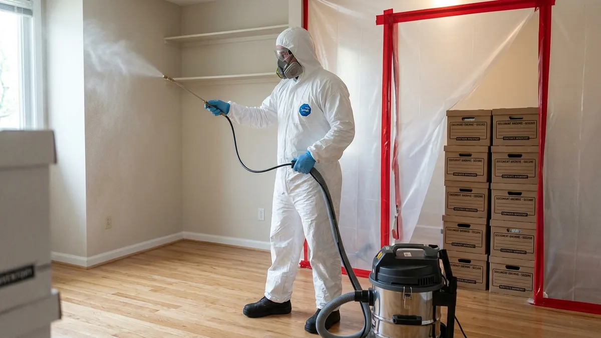 Specialized biohazard technician applying clinical antimicrobial misting in a cleared Chicago room with organized archive boxes