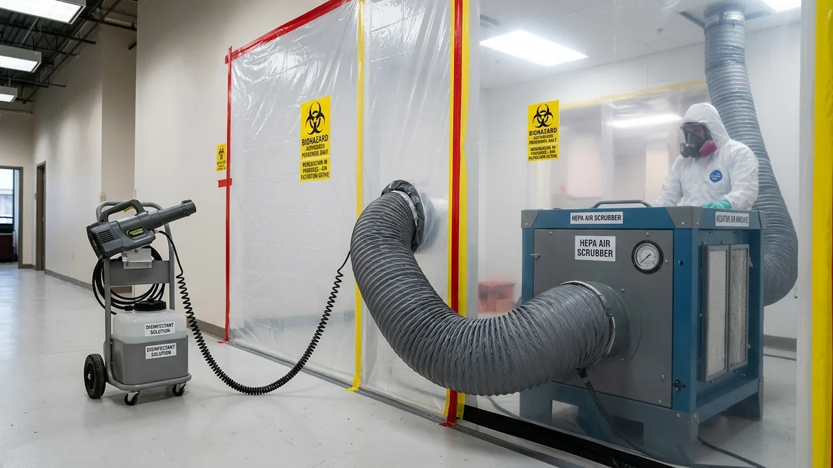 Commercial HEPA air filtration and odor neutralizing equipment operating inside a sealed biohazard containment zone